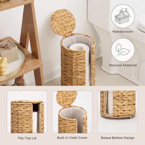 StorageWorks Water Hyacinth Free Standing Toilet Paper Holder Stand for Bathroom, 3 Rolls of Toilet Tissue Storage with a Built-in Cloth Lining, Toilet Roll Holder Stand with Lid (Pack of 2) - color: Natural（water Hyacinth）, size: 6¾"D(For 3 Roll) (Pack o
