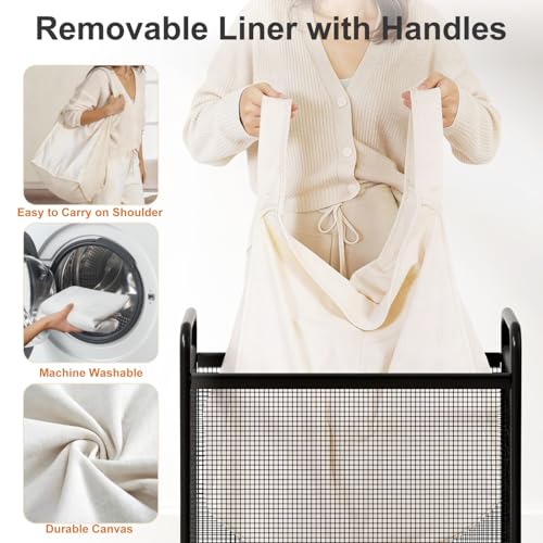 WOWLIVE Laundry Hamper 2 Section, 100L Rolling Laundry Basket with wheels and Removable Liner Bag, Double Laundry Sorter with Metal Handle, Clothes Hamper for Laundry Room, Bathroom and Dorm, Beige - size: 2-Section