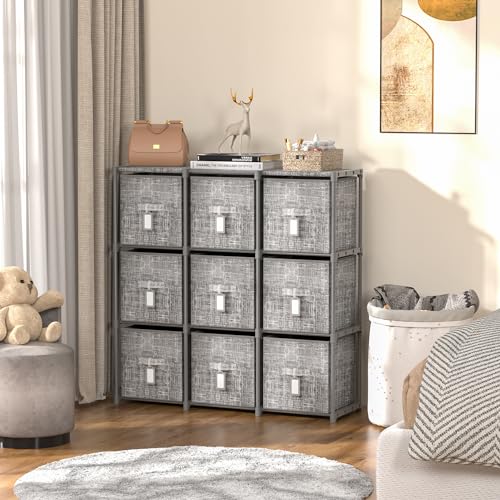 LUKYTOWER Cube Storage Organizer Shelf with Printed Bins + Labels, Cubby Storage Organizer with Bins, Large Capacity Shelves for Storage,Closet, Living Room, Dorm, Yarn (Grey, 9 Cube) - size: 9 Cube