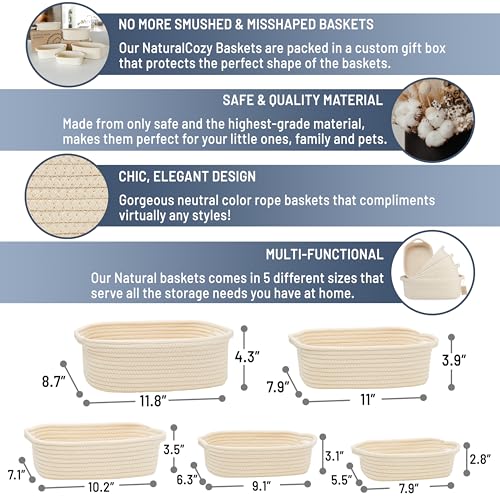 NaturalCozy 5-Piece Rectangle Storage Basket Set- Natural Cotton Rope Woven Baskets for Organizing! Small Basket for Montessori, Baby Nursery, Dog Toy Baskets, Cat Toy Box, Bathroom Organization Bin - color: Beige