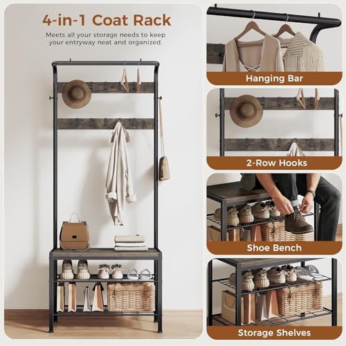 Hall Tree with Bench and Shoe Storage, 4-in-1 Entryway Organizer with 10 Hooks and Storage Shelf,Coat Rack Freestanding with 2-Tier Storage Shelf for Living Room, Bedroom Gray - color: Gray