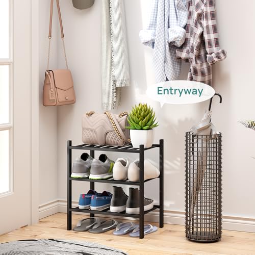 viewcare Small Shoe Rack for Entryway,3-Tier Black Bamboo Shoe Organizer for Hallway Closet, Free Standing Shoe Racks for Indoor Outdoor - color: Black, size: 3-Tier_Samll