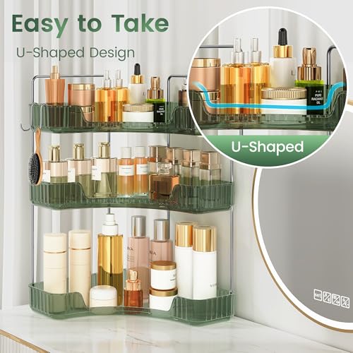 3-Tier Green Corner Organizer, PET Counter Storage with Hooks | Multi-Surface Organizer for Bathroom Vanity & Kitchen Countertop - color: Green, size: 3 Tier