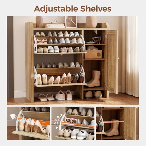 Mericonia Shoe Cabinet Storage for Entryway with 2 Flip Drawers(3-Tier), Rattan Freestanding with Door & 3 Adjustable Shelve,Hidden Shoe Rack Organizer for Hallway, Foyer - color: Natural, size: Flip Drawers 2 & Door 1