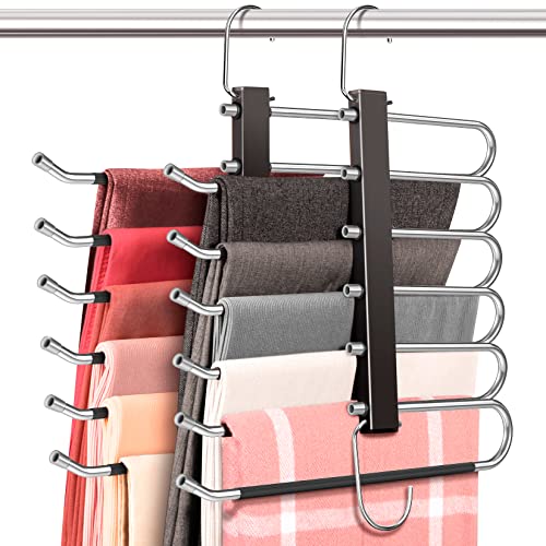 HUITEM 4 Pack 6-Tier Space Saving Pant Hangers, Anti-Slip, Lightweight, Stainless Steel, Black, 6 Pairs Jeans Hangers - color: Black, size: 4 Pack