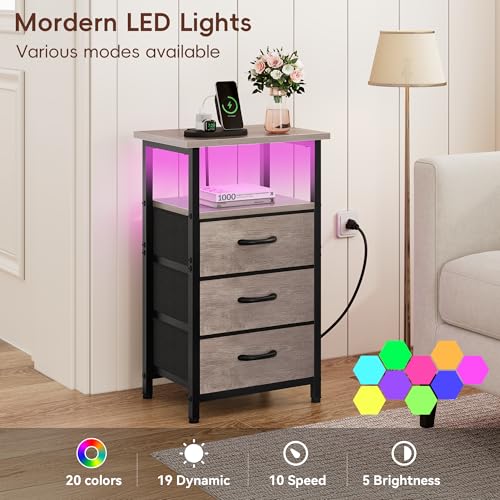 Vagusicc Night Stand with Charging Station, LED Nightstand for Bedroom, Bedside Table with 3 Fabric Drawers, End Table Side Table with USB Ports and Outlets, Bed Side Table for Bedroom, Greige - color: Greige, size: 1 Piece, style: With LEDs