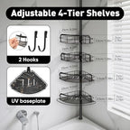 BlumWay Corner Shower Caddy Tension Pole, 4-Tier Adjustable Shower Organizer Shelves, Rustproof Bathroom Shower Organizer Corner Shelf for Bathtub Shampoo Storage, 32 to 116.5 Inch Height