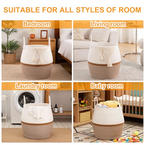OIAHOMY 80L Blanket Basket with Handle, Storage Basket for Living Room, Laundry Hamper for Clothes, Towels, Pillows, Toy Storage for Kids and Dogs, Baby Hamper for Nursery - Brown & White - color: Brown & White, size: 80L