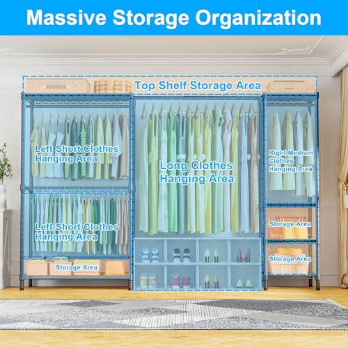Ulif E10 Clothes Rack（With Stretchable Hanger Rod）Freestanding Clothing Racks for Hanging Clothes，Adjustable Closet Organizer System，Portable Garment Rack 73-97" W x 15" D x 72" H，Max Load 800LBS，Grey - color: Grey