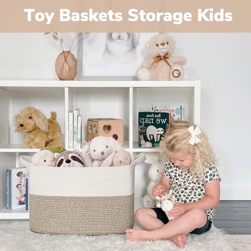 Goodpick Woven Baskets for Organizing, 18" x 14" x 12" Blanket Storage for Living Room Home Decor, Rectangle Toy Storage Basket for Kids, Large Gift Baskets Empty, White & Brown - color: Light Brown, size: 18"L x 14"W x 12"H
