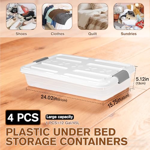 4 PCS*37 Qt Wheeled Latching Under Bed Storage, Stackable Bin with Latch Lid, Plastic Container to Organize Shoes Underbed, Clear with White Lid(White) - size: 49Quart*4PC