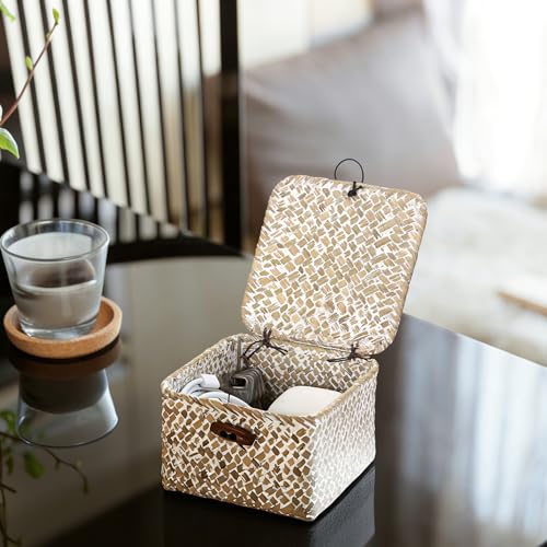 Hipiwe Handwoen Seagrass Basket with Lid Key Holder Box for Entry Decorative Mini Shelf Basket, Whitewash 3.5" x 3.5" x 2" - color: Whitewash color, size: 3.5" x 3.5" x 2"