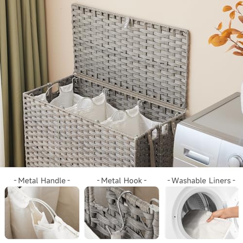 Laundry Hamper with Wheels, 39.6 Gallon(150L) Rolling Laundry Basket with Lid, 3-Section Rattan Clothes Hamper with 3 Removable Liner & 3 Mesh Bags, Laundry Sorter with Side Pocket, Grey - color: Grey, size: 150L（23.62 x 15.75 x 25.6 Inches）