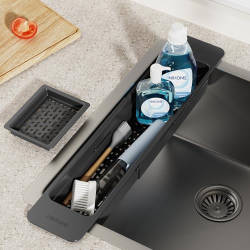 NiHome Extendable Sink Kitchen Organizer, Extra Long Telescopic Brush Storage Rack for Sponge, Non-Slip Pads Expandable Sink Caddy, Adjustable Sponge/Brush Rack with Drainage Durable ABS (Black) - color: Black 1, size: Extra Long
