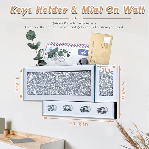 Crushed Diamond Key and Mail Holder for Wall, Crystal Mail Organizer Wall Mount, Mirror Mail and Key Holder Wall Mount for Entryway and Home Decor - color: Key and Mail Holder