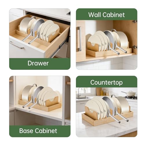 Pan Organizer Compatible with Caraway, Pots and Pans Organizer Under Cabinet, Bamboo Pot Lid Organizers with Adjustable Dividers, U-Shaped Lid Slots, Ideal for Kitchen Countertop and Cabinet Storage