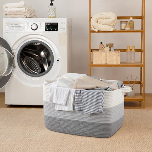 65L Cotton Rope Large Blanket Basket (19.7"x15.7"x11.8") for Living Room, Kids Room & Laundry, Storage Basket with Handle for Organizing Blankets, Pillows, Clothes & Toys, Gradient Grey - color: Gradient Grey, size: 19.7"x15.7"x11.8"