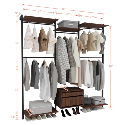 Wall-Mounted Steel & Wood Closet Organizer System with 4 Adjustable Shelves, 5 Hanging Rods, and 2 Drawers – Modern Open Wardrobe, Walnut - color: BC03-walnut
