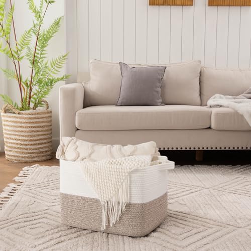 OIAHOMY Woven Storage Basket for Shelves, Rectangle Cotton Rope Baskets for Organizing, 16.5 x 13 x 11.8 in, Storage Bins for Dog Toys,Towel,Books,Gift,Brown and White - color: Brown and White, size: 16.5"x13"x11.8"