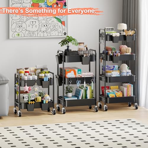 4 Tier Rolling Cart Metal with Wheels, Black Four Tiered Rolling Storage Cart on Wheels, Utility Roller Carts Organizer for Art, Craft, Baby Diaper Caddy, Snack, Book, Large-Capacity Shelving Units - color: Matte Black, size: 4-Tier + Cups + Hooks