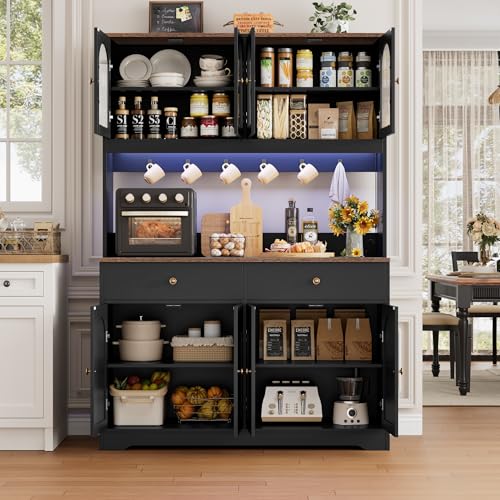 HIFIT 71" LED Kitchen Pantry Cabinet with Power Outlet, Large Kitchen Hutch Cabinet with 2 Storage Drawers & Arched Door, Countertop & Hooks, Tall China Bar for Dining Living Room (Black) - color: Black