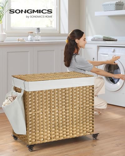 SONGMICS Laundry Hamper with Lid, 42.3 Gallons (160 L), Rolling Laundry Basket with Wheels, 3-Section Synthetic Rattan, Removable Liner, Bedroom, 29.9 x 13 x 26 Inches, Natural ULCB365N01 - color: Natural, size: 160 L