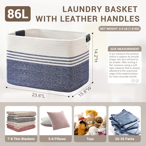 86L Extra Large Laundry Basket with Leather Handles for Living Room Storage, Woven Rope Baskets for Blanket, Kids Toy, Gifts, Wicker Hamper for Bedroom Dirty Clothes, 24"x16"x14" Denim Blue - color: Denim Blue, size: 86L