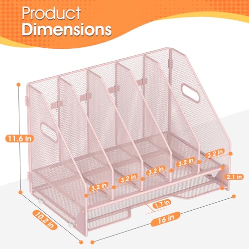 Desk File Folder Holder Organizer-5 Vertical Compartments Racks and Paper Letter Tray,Mesh Magazine File Holder Sorter,Desktop Accessories & Workspace Organizers for Home,Office,School-Pink - color: 5 Compartments-pink