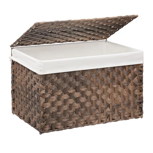 Wicker Storage Basket with Lid, 52.8 Gallon (200L) Large Blanket Basket with Lid, Woven Storage Bin with Handles, Removable Liner, Metal Frame, Foldable, for Bedroom, Laundry Room, Brown - color: Brown, size: 200L:19.7 x 31.5 x 19.7 Inches