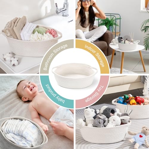 2 Pack Small Woven Basket with Gift Bags and Ribbons, Empty Decorative Gift Chest Box, Cute Baby Gift Basket for Nursery, Cotton Rope Room Shelf Storage Basket with Handles, All 12"x 8"x 5",White - color: White