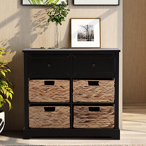 PHI VILLA Black Storage Cabinet with Baskets, Accent Chest for Bedroom Cabinet with Drawers Rattan Cabinet End Table - color: Black, size: 4 Baskets