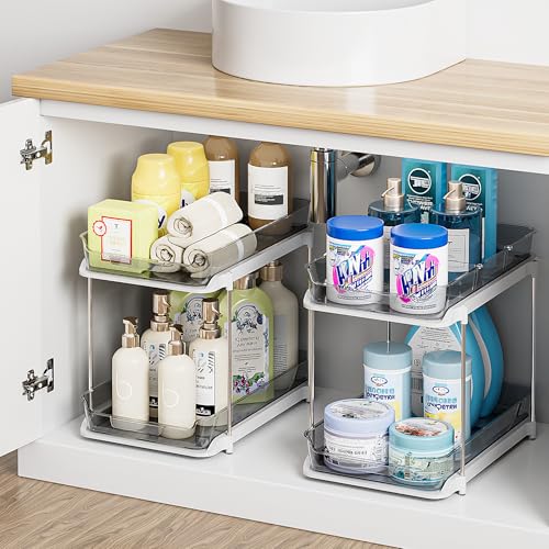 Delamu 2-Tier Multi-Purpose Bathroom Under Sink Organizers and Storage, Stackable Kitchen Pantry Organization, Pull Out Medicine Cabinet Organizer with Movable Dividers, Grey, 4 Pack - color: Grey, size: 4 Pack