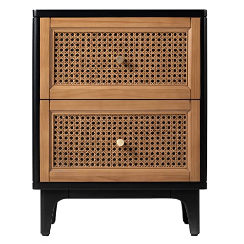 COZAYH 2 Drawer Bedroom Nightstand, Boho Farmhouse Bedside Table - Accent Table Stand with Drawer Organizer Storage and Weave Pattern Front, Black - color: Black, style: 2 Drawer/1 pack