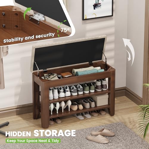 Shoe Bench for Entryway, Solid Rubberwood Shoe Bench with Hidden Storage, Adjustable 2-Tier Shelves & Soft PU Leather Seat, Shoe Rack Durable Easy Assembly for Hallway or Bedroom - Beige, 31.5" - color: Beige, size: 31.52"W x 11.82"D x 20.47"H