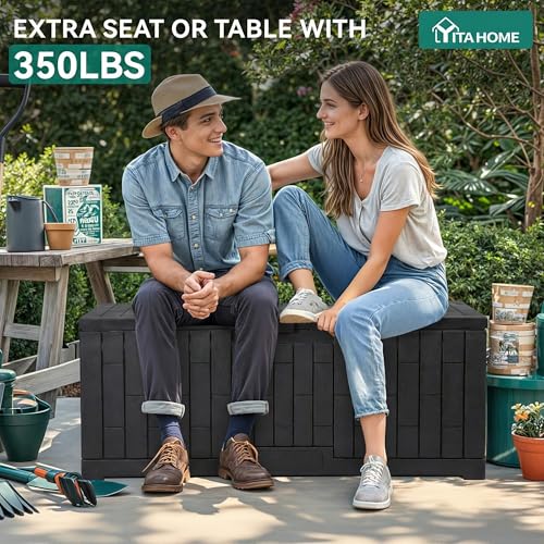 YITAHOME Large Outdoor Storage Box, 120 Gallon Waterproof Resin Deck Box with Slide-Locking Lid, Patio Storage Bin and Bench Seat for Garden Tools, Cushions & Pool Supplies, Easy Assembly, Black - color: Black, size: 120 Gallon, style: Deck Box