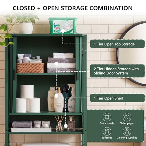 weselon Over the Toilet Storage Cabinet with Fluted Sliding Doors, Bathroom Space Saver Organizer, Freestanding Over Toilet Storage Rack for Small Bathroom, Wall-Anchored Wooden Cabinet (Green) - color: Green