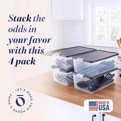 HOMZ 4-Pack Secure Latch, Clear Plastic Storage Organizer Bins, 15 Quart, Gray Lid - Stackable Container Boxes for Bedroom, Bathroom, Garage, and Office Organization - color: Gray Lid, size: 15 QT