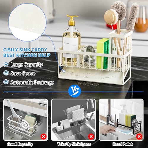 Cisily Off White Sponge Holder for Kitchen Sink, Sink Caddy Organizer with High Brush Holder, Kitchen Countertop Rustproof 304 Stainless Steel, Soap Dispenser Kitchen Organizers and Storage Essentials - color: Off White, size: 9.25″