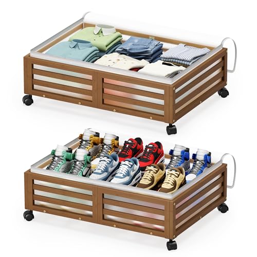 Under Bed Storage Containers With Wheels - 2 Pcs Bamboo Wood Rolling Underbed Shoe Storage Bins With Dust Bags for Clothes Blankets, Duvet Covers Snacks Toys (Walnut) - color: Brown, size: M