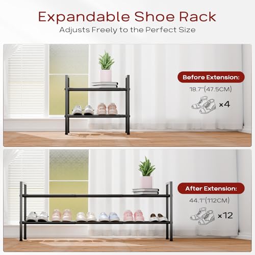 Bumusty 2-Tier Long Expandable Shoe Rack for Closet, 18"-44" Adjustable Shoe Rack for Entryway, 10-12 Pairs Large Shoe Organizer Shelf Storage, Sturdy Metal, Black - color: Black, size: 2-Tier