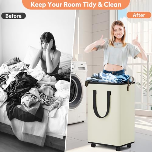SpaceTrove Laundry Basket with Wheels, Collapsible Laundry Baskets, Laundry Hamper with Handles Detachable Wheels, Rolling Laundry Basket, Dirty Clothes Hamper for Bathroom, Dorm, Bedroom, Cream, 80L - color: Cream, size: 80L