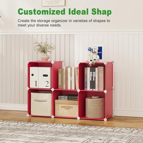 C&AHOME 6-Cube Storage Organizer, Stackable Storage Cubes Shelves, Portable Bookshelf, Plastic Clothing Storage Closet Organizer, DIY Modular Shelving Units for Wardrobe, Home, Red - color: Red