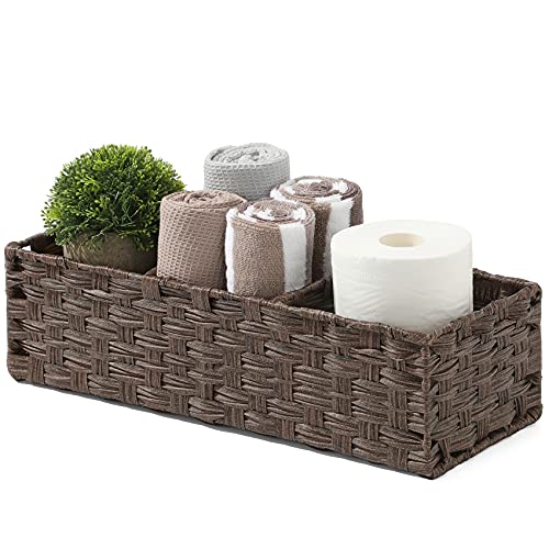 [Larger Compartments] Toilet Tank Topper Paper Basket - Multiuse Hand Woven Plastic Wicker Basket with Divider for Organizing, Rustic Farmhouse Bathroom Decor, Countertop Organizer Storage, Brown - color: Brown