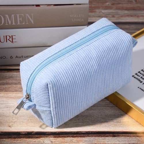 SOIDRAM 2 Pack Corduroy Makeup Bag for Women, Blue Makeup Pouch Small Cosmetic Bag Travel Toiletry Organizer for Skincare, Brushes & Essentials - color: Corduroy Blue, size: 2 Pack