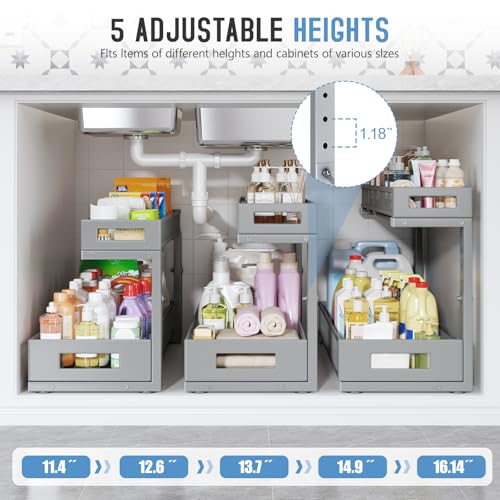2 Pack 20.47IN Depth Under Sink Storage Organizer, Large 2-Tier Elegant Mesh Pull Out Shelf for Kitchen and Bathroom Cabinet Organization, L-Shaped and Adjustable Height Design-Gun Gray - color: Gun Gray, size: 2 Pack-20.47"Dx11.4"-16.14"H