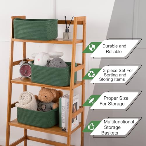 OIAHOMY Cotton Rope Woven Baskets for Storage, Nursery Rectangle Storage Basket with Handles for Shelves, Pack of 3, Green - color: Green