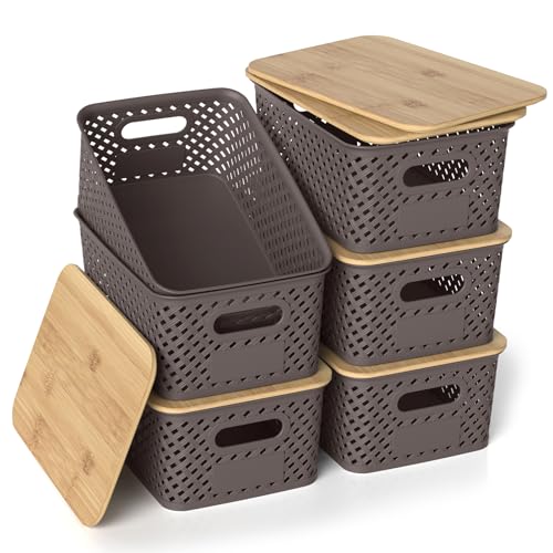 Plastic Storage Bins with Bamboo Lids, Stackable Small Box Baskets for Organizing and Containers for Shelves Drawers Desktop Closet Pantry Classroom Office Home, 6 Pack 10.2x7.2x4.1 Inch, Brown - color: Brown