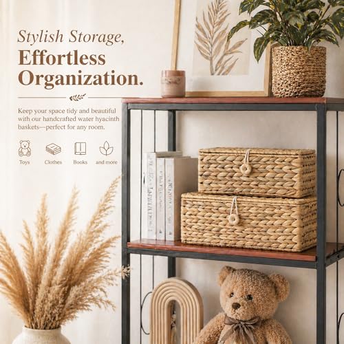 LUSYDECO Set of 3 Wicker Storage Baskets with Lid, Large Rectangular Rattan Basket Decorative Boxes, Natural Water Hyacinth Wicker Basket for Shelf Organizer, Nursery Room