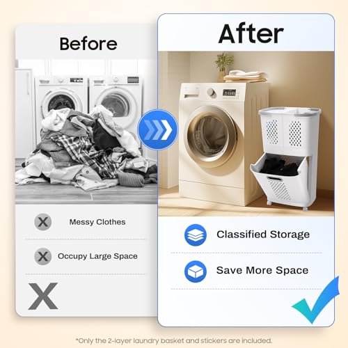 2 Tier Vertical Rolling Laundry Cart, with 3 Removable PP Hollowed Out Laundry Hampers for Laundry, Towels, Blankets and Bathroom Organization, 17.32 x 12.2 x 29.13 inch