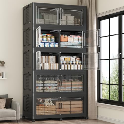 200GAL Storage Bins with Lid and Wheels, Stackable Closet Organizers and Storage Drawer, Collapsible Storage Box with Dividers, Foldable Plastic Cabinets for Room, Kitchen, 5 Pack Black - color: Black, size: 40Gal-5Pack